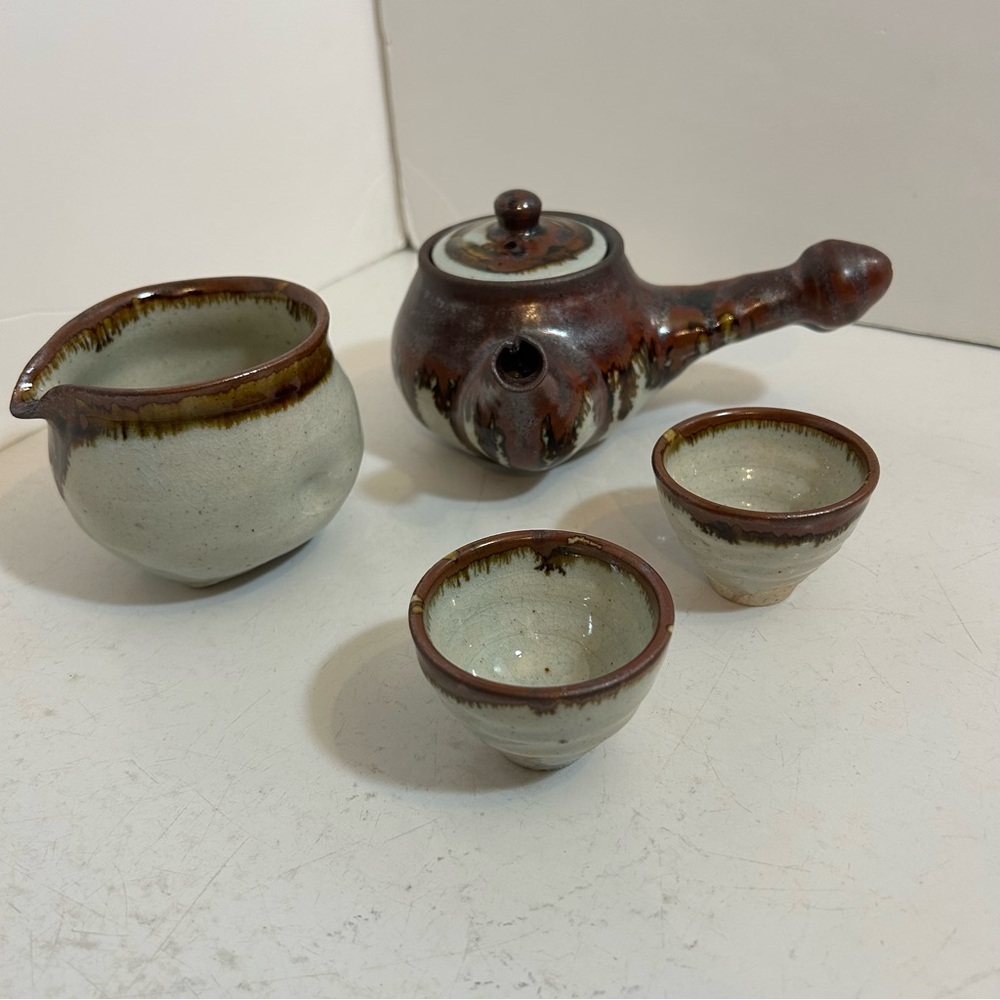 Vintage Japanese karatsu-ware kyusu side‎ handle pottery teapot set